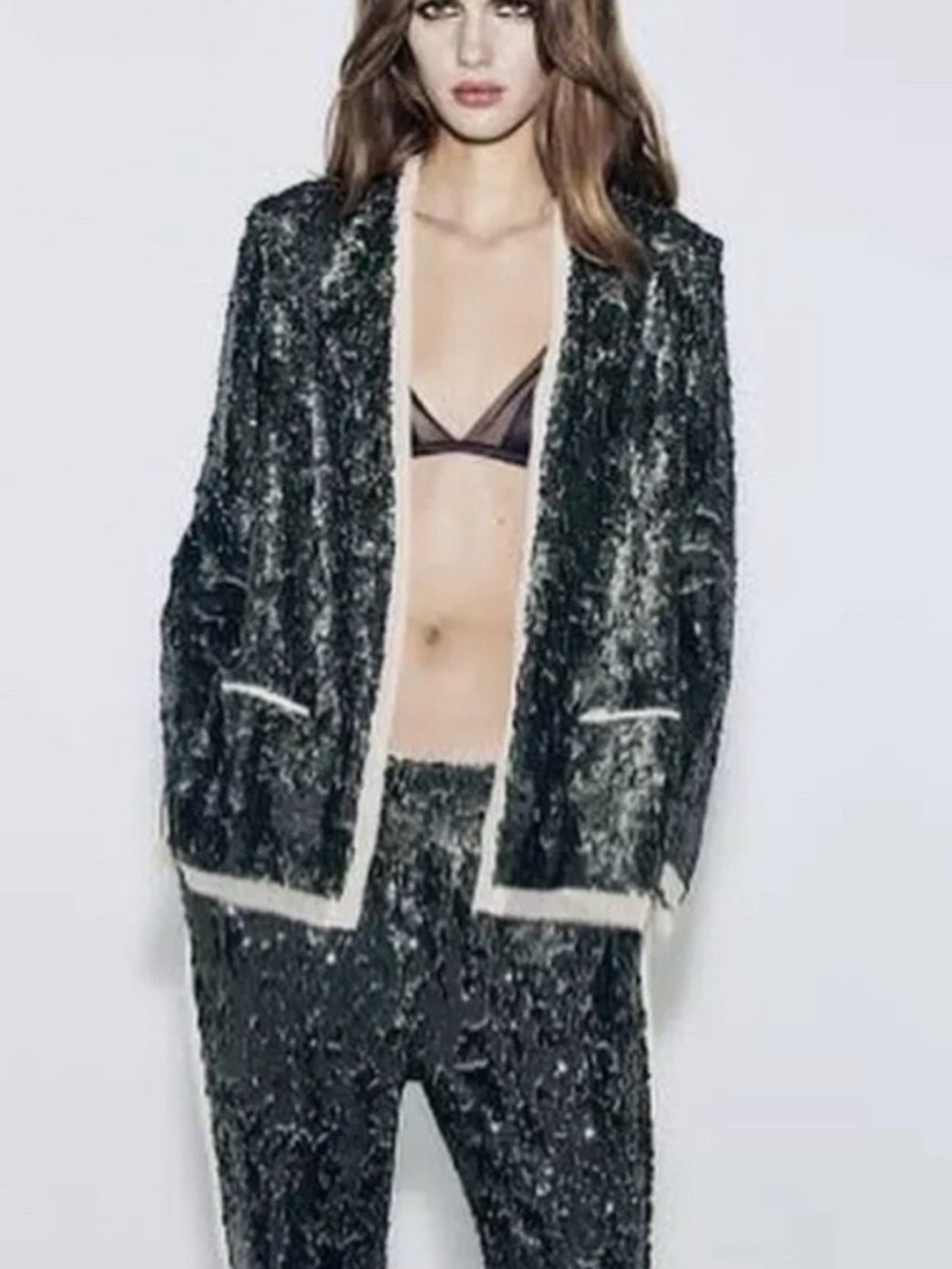Zara Emerald Sequin Blazer with Cream Contrast Trim